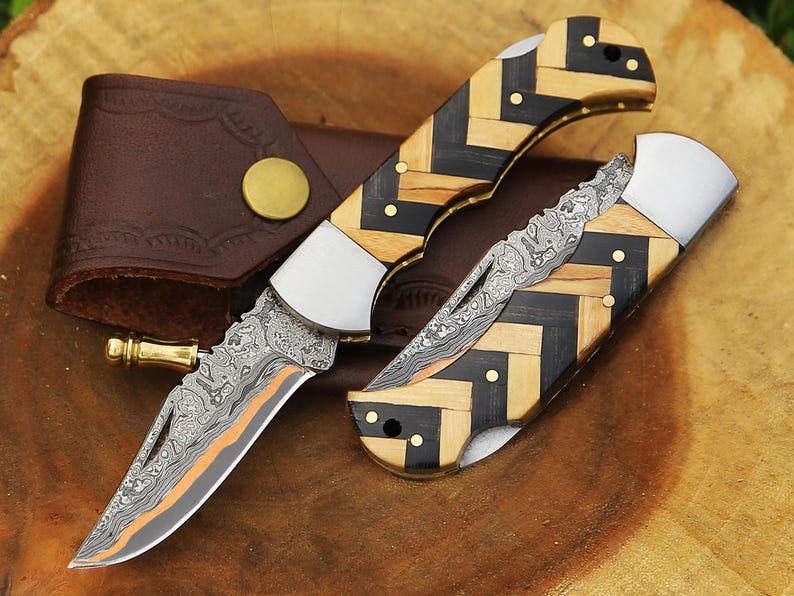 CUSTOM COPPER Damascus Folding Knife Copper Handmade Pocket Knife Wood