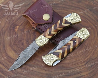 Damascus Steel Handmade Pocket Knife Fold Blade Olive & Rose Wood Handle Anniversary Gift Personalized Gift For Husband.