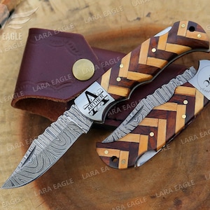 Handmade Damascus Steel Folding Knife Pocket Knife With Rose & Olive Wood Handle Birthday Gift Groomsman Gift Perfect Anniversary Gift