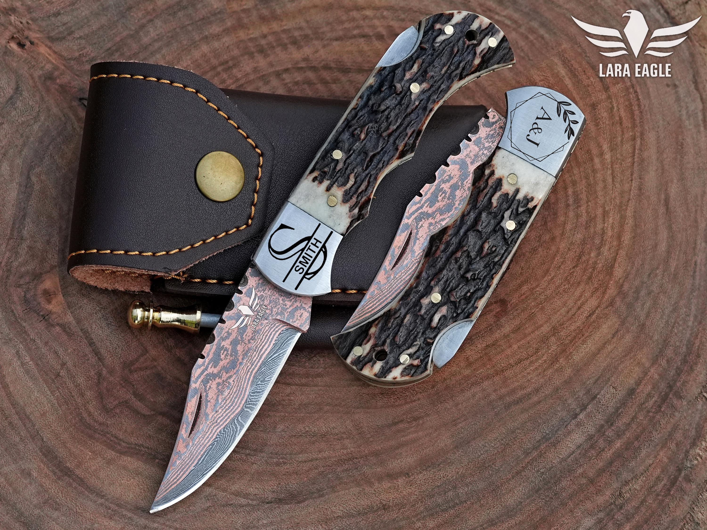 Copper Damascus Handmade Folding Knife Wooden Handle Pocket Knife