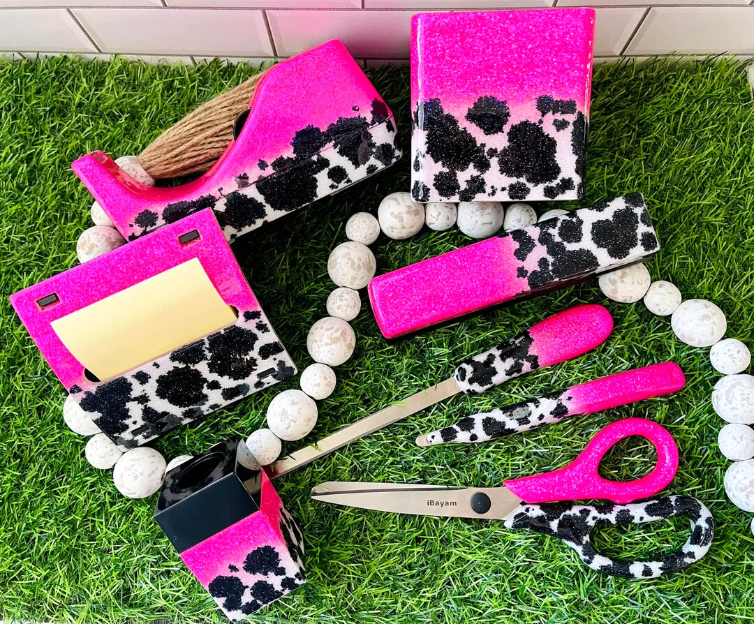 Custom 1/2 Cow Print Glitter Office Supply Set Etsy