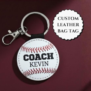 End of Season Baseball Coach Gift Ideas Personalized Leather Keychain Baseball with Name and Jersey Number for Teen Boys Sports Team Bag Tag