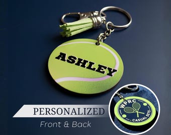 Tennis Birthday Party Favor Personalized Keychain Gift Bag Tag Custom Name Acrylic Round Ball Charm Green Tassel Sport Player Team Keepsake
