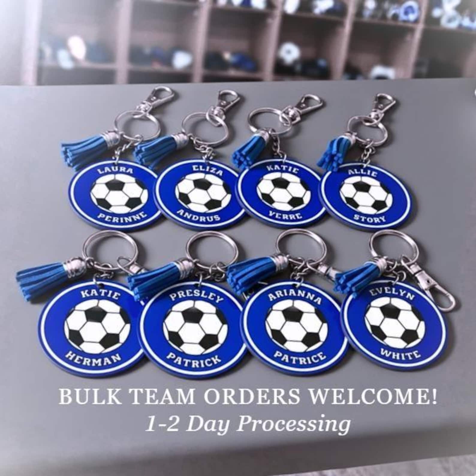 Personalized Soccer Bag Tag Keychain Custom Name Gift Soccer Player Senior Soccer Bulk Team Color Keychains Matching End of Season Favor