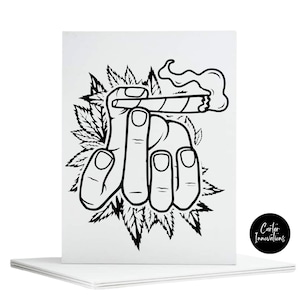 May include: Black and white line art illustration of a hand holding a lit joint surrounded by marijuana leaves. The text "Carter Innovations" is in a circle at the bottom right corner of the image.