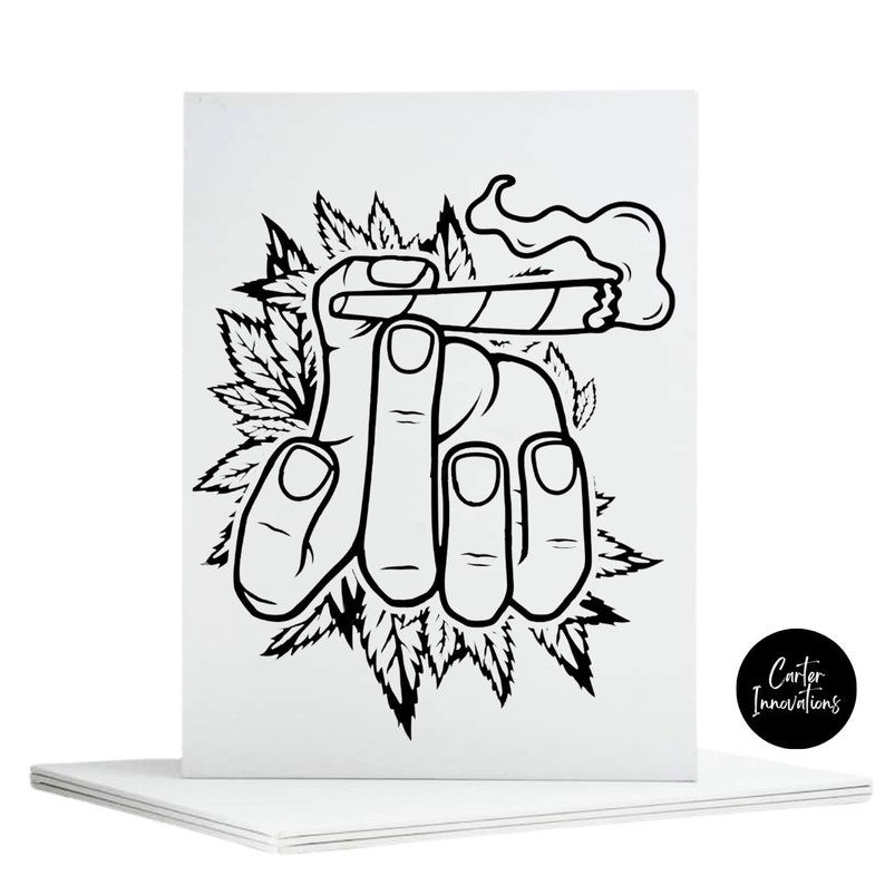 May include: Black and white line art illustration of a hand holding a lit joint surrounded by marijuana leaves. The text "Carter Innovations" is in a circle at the bottom right corner of the image.