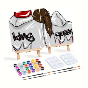 May include: Two white canvases with easels, one with the word "king" and the other with the word "queen" in black lettering. The canvases are ready for painting with a set of acrylic paints and paintbrushes.
