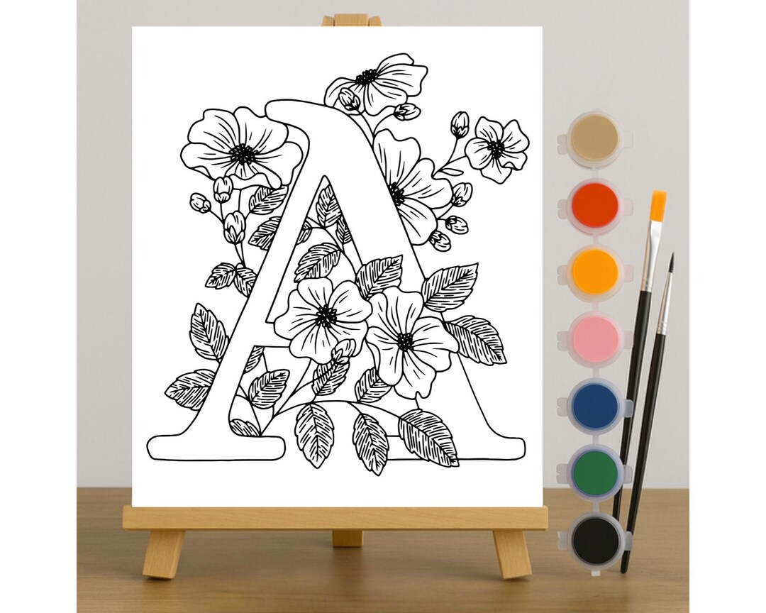 Initialit Colouring In Floral Initial Coloring, Pre- Drawn Canvas, Spring Alphabet, Name ...