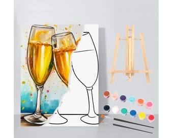 Couples Champagne Paint Night Kit: Pre Drawn Canvas Date Idea
