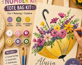 DIY Paint By Number Tote Bag Kit | Customizable Canvas Tote Bag Craft | Creative Gift for Teens & Adults | Paint Party Activity-Meadow Bloom