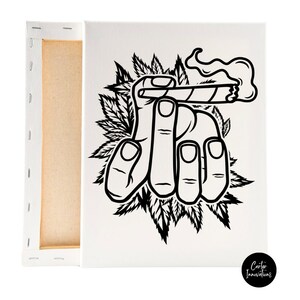 May include: Black and white illustration of a hand holding a lit joint with smoke rising from it. The hand is surrounded by marijuana leaves.