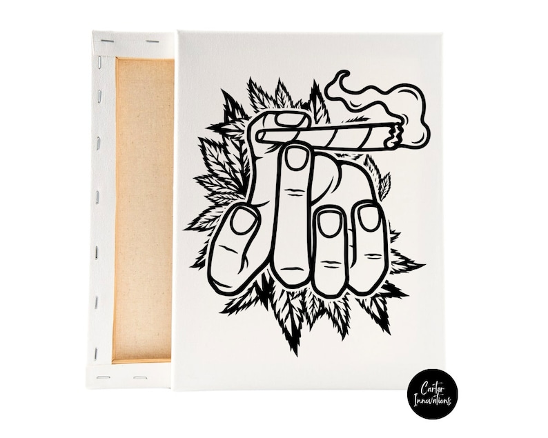May include: Black and white illustration of a hand holding a lit joint with smoke rising from it. The hand is surrounded by marijuana leaves.