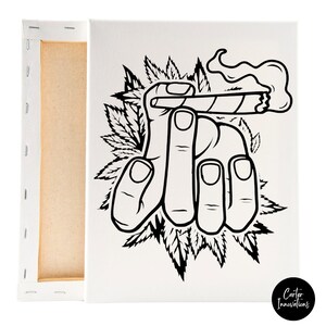 May include: Black and white line art illustration of a hand holding a lit joint with marijuana leaves surrounding it. The image is on a white canvas.