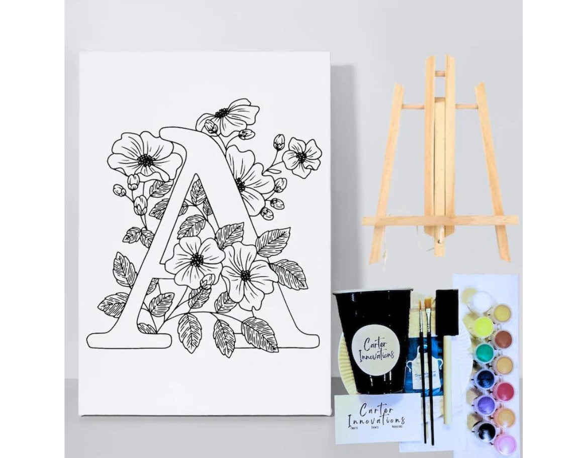 Initialit Colouring In Floral Initial Coloring, Pre- Drawn Canvas, Spring Alphabet, Name ...