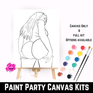 May include: Black and white line art paint by numbers canvas featuring a woman with long hair. The canvas is on an easel and there are paint pots and brushes to the right. The text "Canvas Only & Full Kit Options Available" is on the right side of the canvas.