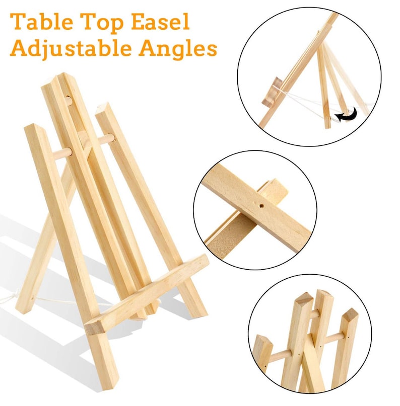 May include: A wooden table top easel with adjustable angles. The easel is made of natural wood and has a simple design. It is perfect for displaying artwork, photos, or other items.