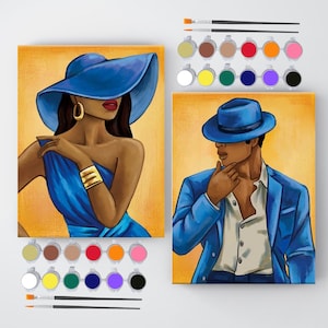 May include: Two paintings on canvas, one depicting a woman wearing a blue hat and dress, the other depicting a man wearing a blue hat and suit. Both paintings have a yellow background.
