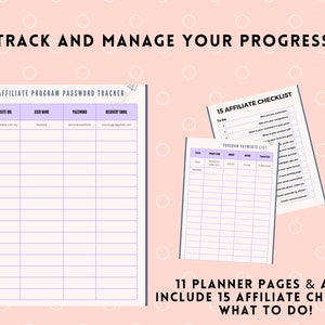 Op de afbeelding: Twee plannerpagina's op een roze achtergrond met witte stippen. E&eacute;n is een wachtwoordtracker, de andere een checklist. Tekst bevat "Track and Manage Your Progress" en "15 Affiliate Checklist What to Do!" in zwart.