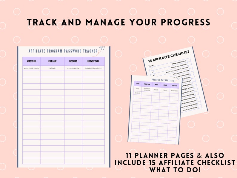 Op de afbeelding: Twee plannerpagina's op een roze achtergrond met witte stippen. E&eacute;n is een wachtwoordtracker, de andere een checklist. Tekst bevat "Track and Manage Your Progress" en "15 Affiliate Checklist What to Do!" in zwart.