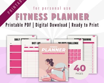 May include: Printable fitness planner with 40 pages. The planner includes sections for daily fitness, diet log, 30-day challenge, and cardio training. The cover features a woman in a pink workout outfit doing a yoga pose.