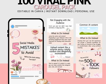 Pink Instagram Carousel Templates for Content Creators: 100 Canva Editable Posts