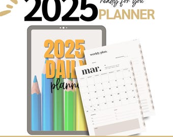 May include: A digital tablet displaying a 2025 daily planner with a yellow and black colour scheme. The planner includes a calendar for March and a weekly plan section. The tablet is surrounded by coloured pencils.