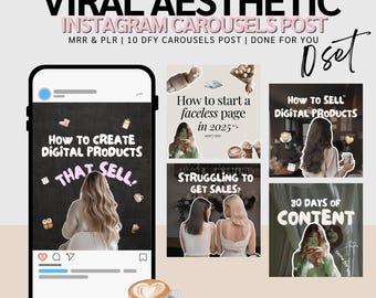 Op de afbeelding: Een Instagram-postmockup met de tekst "VIRAL AESTHETIC INSTAGRAM CAROUSELS POST". De afbeelding bevat verschillende carrouselpostvoorbeelden met titels als "How to Create Digital Products That Sell" en "How to Sell Digital Products."