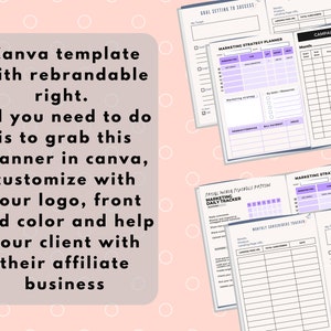 Op de afbeelding: Marketingplanners met paarse accenten. De tekst op de afbeelding luidt: "Canva-sjabloon met herkenbaar recht. Het enige wat je hoeft te doen is deze planner in canva te pakken, aan te passen met je logo, voorkant en kleur en je klant te helpen met hun affiliate business."