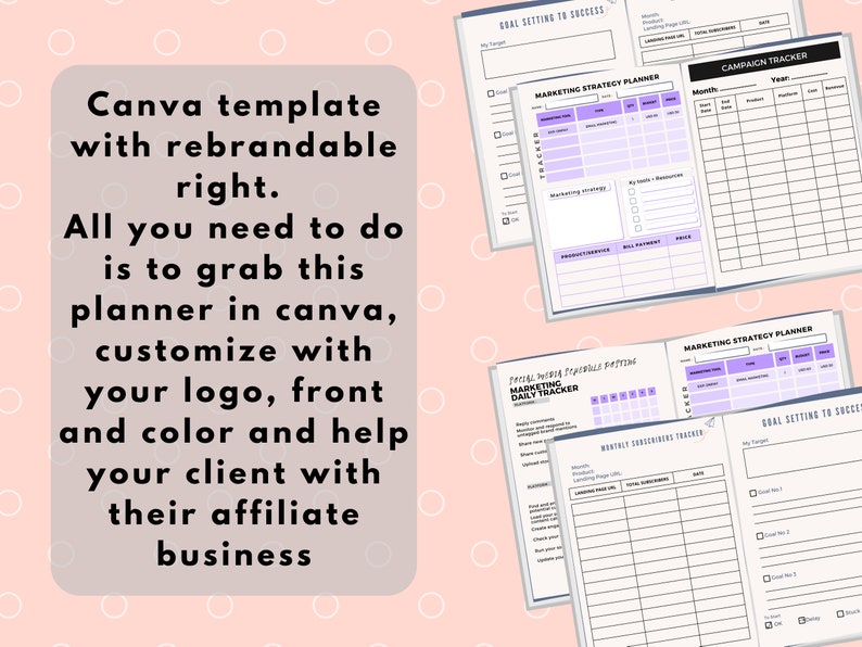 Op de afbeelding: Marketingplanners met paarse accenten. De tekst op de afbeelding luidt: "Canva-sjabloon met herkenbaar recht. Het enige wat je hoeft te doen is deze planner in canva te pakken, aan te passen met je logo, voorkant en kleur en je klant te helpen met hun affiliate business."