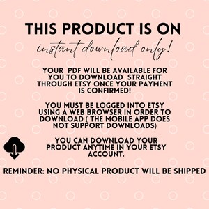 Op de afbeelding: Een roze achtergrond met witte stippen en zwarte tekst. De tekst luidt "DIT PRODUCT IS ALLEEN DIRECT TE DOWNLOADEN!" en geeft instructies voor het downloaden van een PDF-bestand van Etsy.