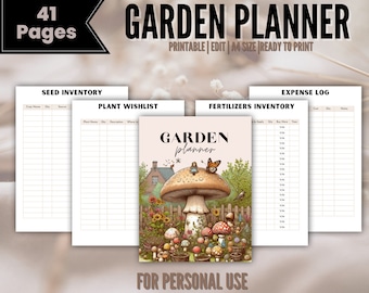 May include: A printable garden planner with 41 pages. The cover features a whimsical illustration of a mushroom with a house in the background and a butterfly. The text "GARDEN planner" is written in a decorative font. The planner includes sections for seed inventory, plant wishlist, fertiliser inventory, and expense log.