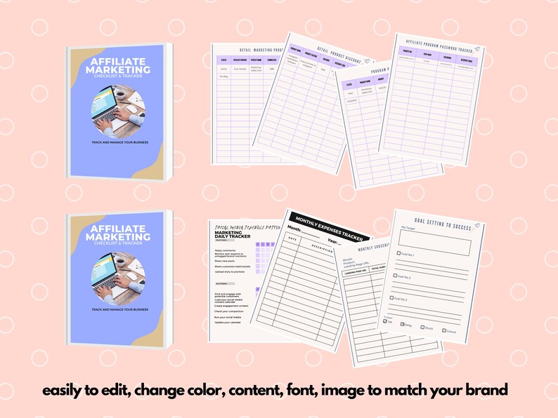 Op de afbeelding: Twee boeken en verschillende vellen papier met een lichtblauw en beige kleurenschema. De boekomslagen lezen "Affiliate Marketing Checklist & Tracker" met een laptopafbeelding. De vellen bevatten trackers voor uitgaven, wachtwoorden en doelen. De tekst onderaan luidt "easily to edit, change color, content, font, image to match your brand."