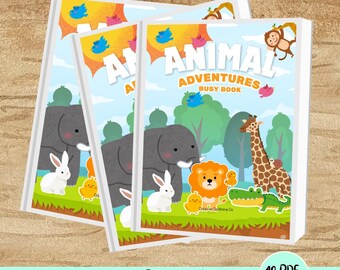 Può includere: Una pila di tre libri di attività a tema animali colorati con il titolo "Animal Adventures Busy Book" e "40 PDF Pages". La copertina presenta un elefante, una giraffa, un leone e un coccodrillo in un ambiente di giungla.