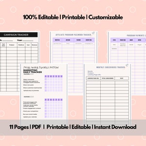 Op de afbeelding: Een verzameling afdrukbare digitale planners met een roze achtergrond. De planners bevatten een campagnetracker, een wachtwoordtracker voor affiliateprogramma's en een social media-schema. De tekst luidt "100% Editable | Printable | Customizable" en "11 Pages | PDF | Printable | Editable | Instant Download".
