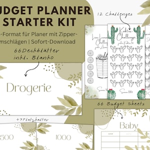 May include: A green and white printable budget planner starter kit with 66 budget sheets, 12 challenges, and 7 placeholders. The kit includes a baby budget sheet, a cactus challenge, a cupcake challenge, and a lime lemon challenge. The kit is in A6 format and includes a zippered folder.