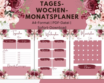 Daily Planner | Weekly Planner | Monthly Planner | DIN A4 | home office | To Do List | Burgundy Pink Roses | Digital Planner Download | PDF file