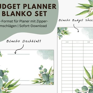 Op de afbeelding: Een printbare budgetplannerset met een blanco omslagblad en een budgetblad met kolommen voor datum, item en bedrag. Het ontwerp bevat een aquarel-illustratie van eucalyptusbladeren en witte bloemen.