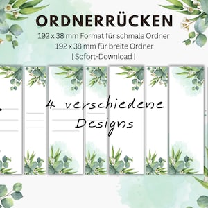 Stickers for folder spines | 4 designs | PDF download | Green leaves flower design | 192 x 61 mm and 192 x 38 mm | Folder labels