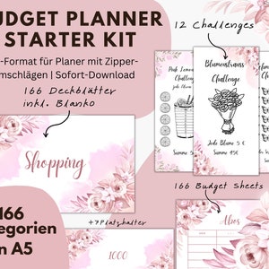 Set iniziale per pianificatore di budget XXL A5 | 166 copertine 166 tracker 12 sfide di risparmio 7 segnaposto + spazi vuoti | Scarica PDF |Rose rosa pastello