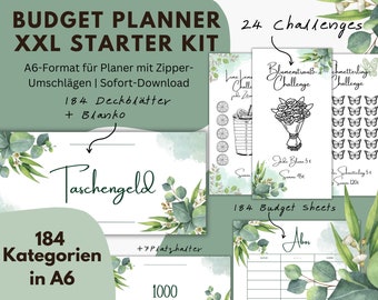 Budget Planner A6 XXL Starter Set | 184 Cover Pages 184 Trackers 24 Saving Challenges 7 Placeholders | Download PDF | green leaves flowers