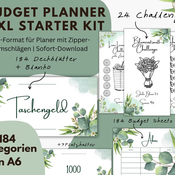 Budget Planer A6 XXL Starter Set | 184 Deckblätter 184 Tracker 24 Spar-Challenges 7 Platzhalter | PDF Download | Grün Blätter Blumen