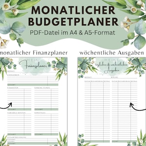 Könnte beinhalten: Ein druckbarer Budgetplaner mit grünem und weißem Blumenmuster. Der Planer ist in zwei Abschnitte unterteilt: "Monatlicher Finanzplaner" und "Wöchentliche Ausgaben". Der Planer enthält Abschnitte für Einnahmen, Fixkosten, variable Kosten und Sparfonds.