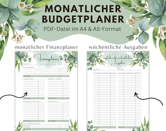 Budgetplaner | Finanz-Tracker | Finanzplaner | Haushaltsbuch | Notizen | A4 & A5 PDF-Datei | Budgeting | Grün Blätter | Sofort-Download