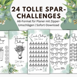 Può includere: Un set di 24 sfide di risparmio stampabili, ognuna con un tema e un obiettivo di risparmio totale. I temi includono limonata al lime, bouquet di rose, cupcake, cactus e farfalle. Le sfide sono progettate per essere utilizzate con un planner con buste con cerniera. Il testo sull'immagine dice "24 TOLLE SPAR-CHALLENGES A6-Format für Planer mit Zipper-Umschlägen | Sofort-Download".
