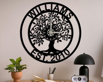 Horloge murale en métal d’arbre généalogique personnalisée, décor mural en métal, horloge de bureau à domicile, horloge de pendaison de crémaillère, cadeau moderne pour les familles,