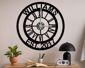 Custom Personalized Family Name Metal Wall Clock, Metal Wall Decor, Home Office Clock, Housewarming Clock, Modern Gift for families,