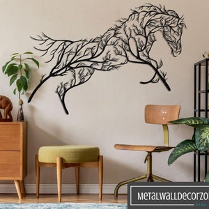 Elegant Tree Horse Metal Wall Sculpture: Large Farmhouse Indoor Outdoor Art for Home Office Decor
