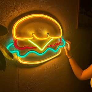 Illuminated Hamburger LED Neon Sign: Vibrant Restaurant Wall Art for Kitchen, Diner, or Bar Decor