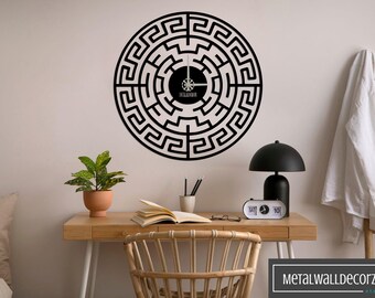 Large Geometric Greek Key Metal Wall Clock: Modern Decor with Big Numbers