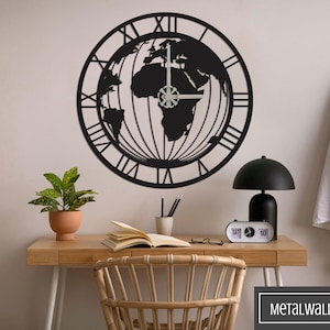 Horloge murale carte du monde, horloge murale en métal, horloge murale grande, horloge murale avec chiffres, horloge murale unique